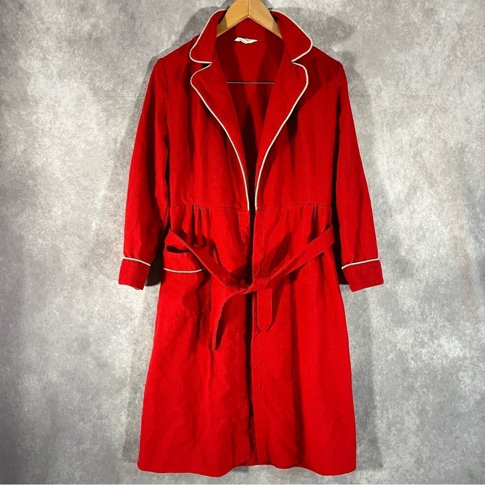 Vintage Charmode Dress Robe Women XS Red White Trim Sears House Coat Belt *READ*